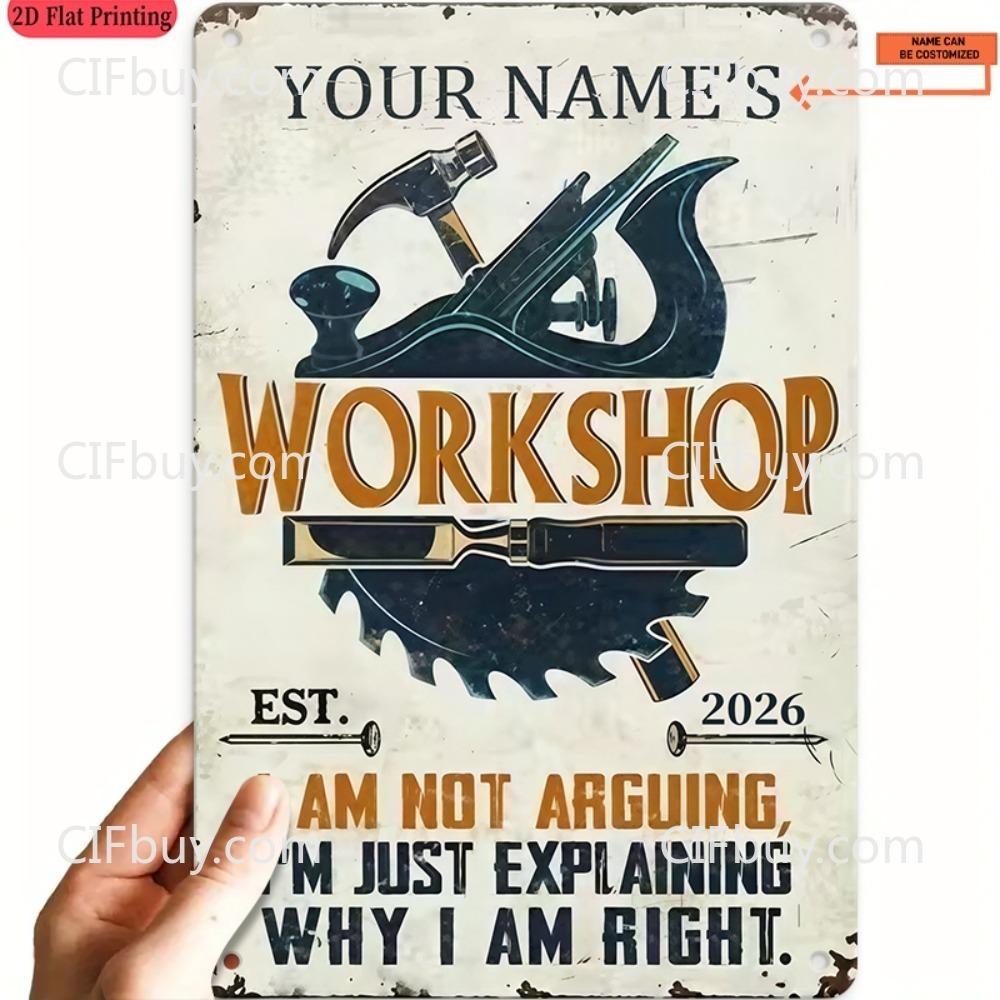 Workshop Tools And Names - Płaski metalowy szyld 2D z własnym